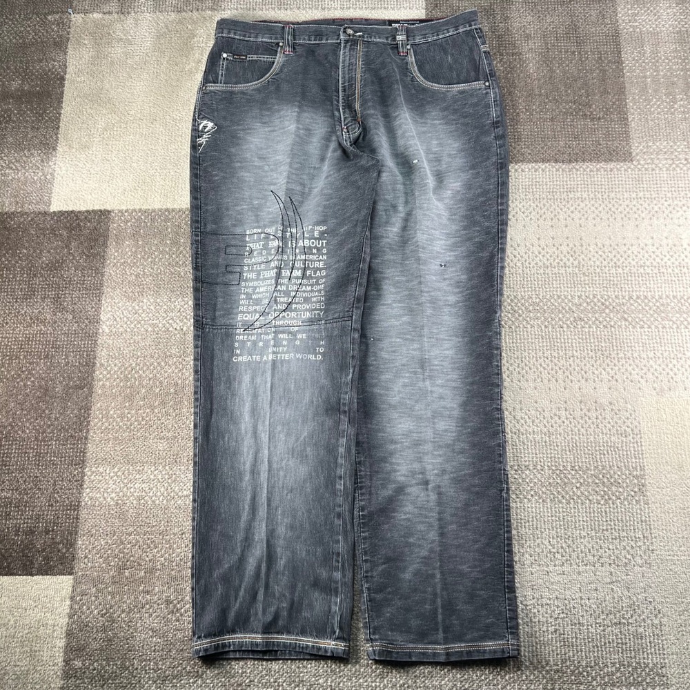 Y2K Phat Farm Mens Black Baggy Wide Leg Embroidered Streetwear Jeans 40x33